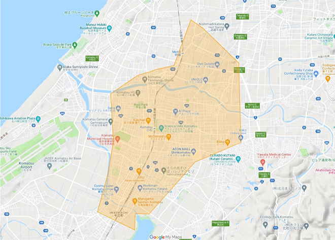 Uber Eats（ウーバーイーツ）小松市エリア・配達マップ