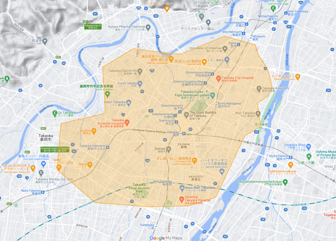 Uber Eats（ウーバーイーツ）高岡市エリア・配達マップ